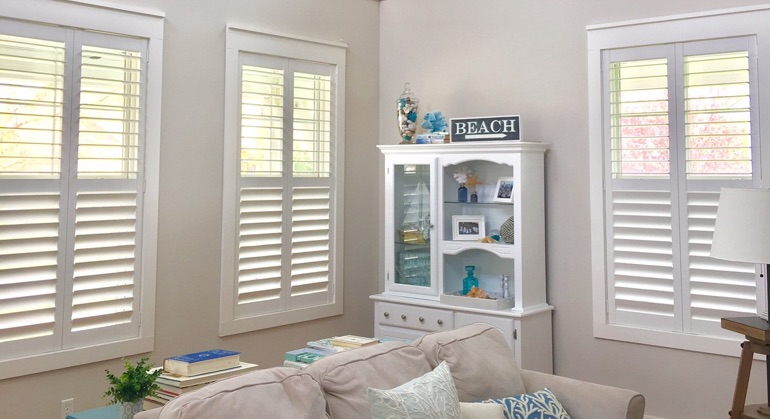 faux wood shutters in Cleveland sunroom
